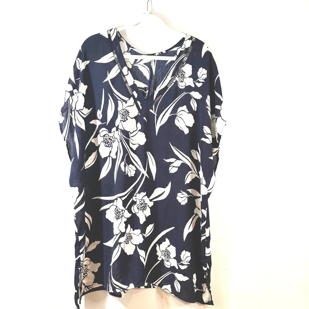 Kona Sol Floral Swim Cover Up‎ Tunic Top Navy White V Neck Casual Womens-XL
